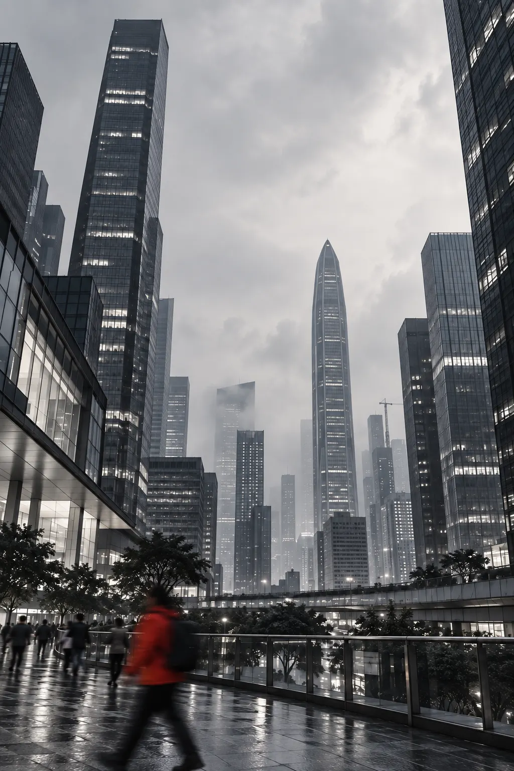 Shenzhen towers fading into blue-hour haze above a busy street