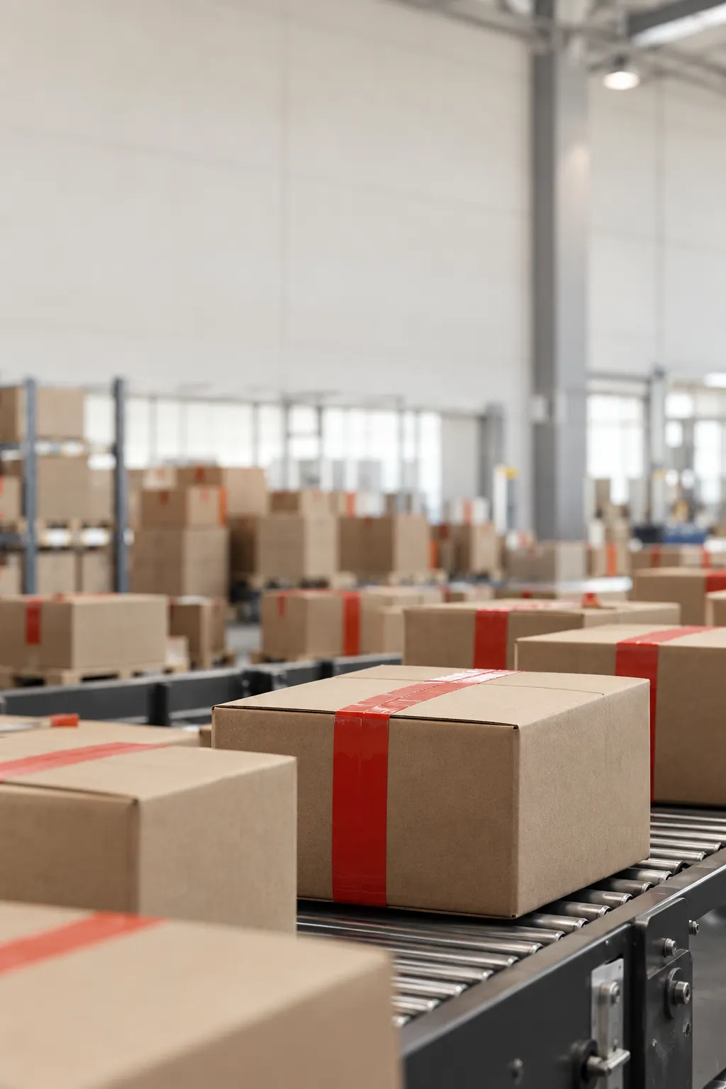 Parcels sealed with red tape moving along a fulfilment warehouse conveyor