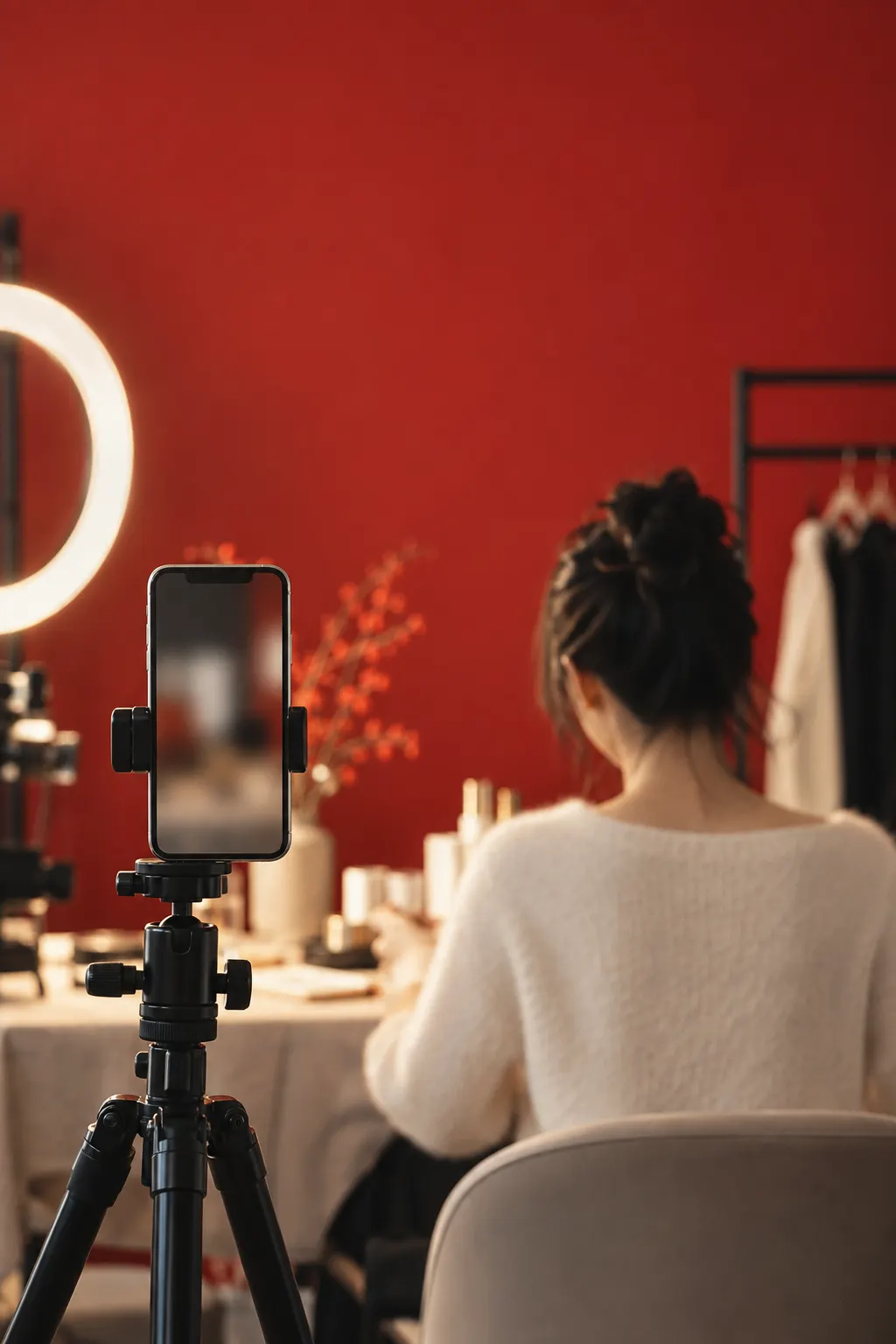 A smartphone on a tripod filming a creator in a red-walled livestream studio